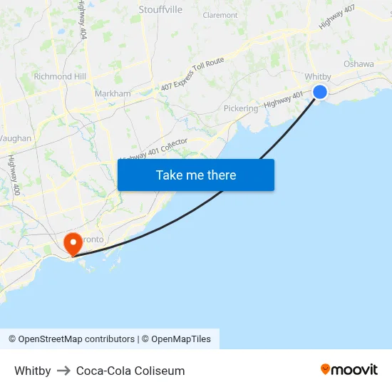Whitby to Coca-Cola Coliseum map