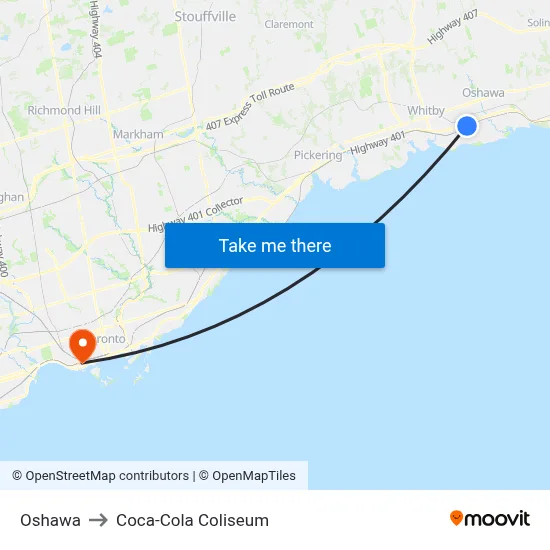 Oshawa to Coca-Cola Coliseum map