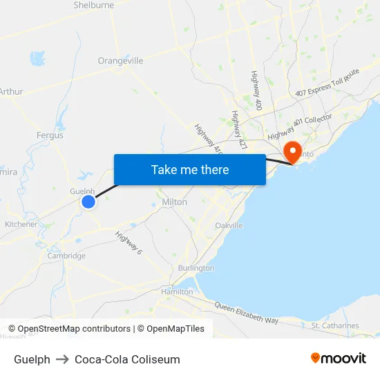 Guelph to Coca-Cola Coliseum map