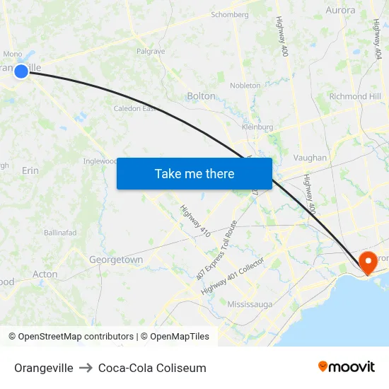 Orangeville to Coca-Cola Coliseum map
