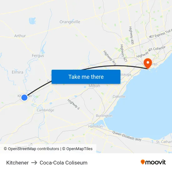 Kitchener to Coca-Cola Coliseum map