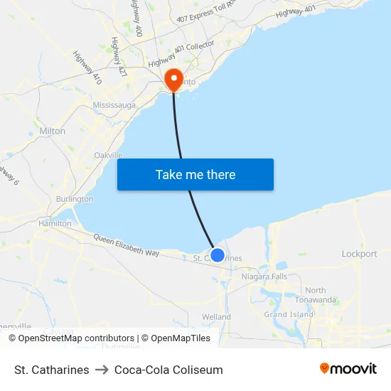 St. Catharines to Coca-Cola Coliseum map