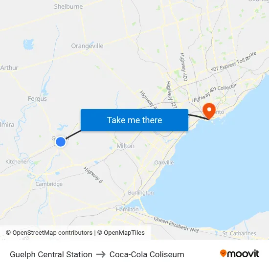 Guelph Central Station to Coca-Cola Coliseum map