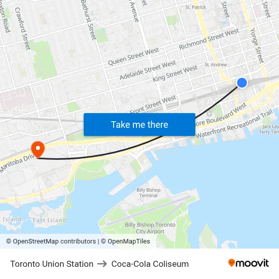 Toronto Union Station to Coca-Cola Coliseum map