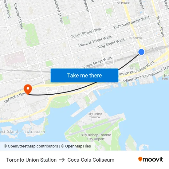 Toronto Union Station to Coca-Cola Coliseum map