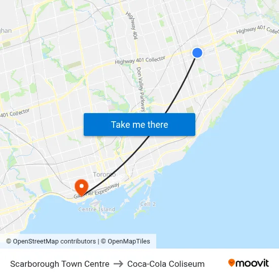 Scarborough Town Centre to Coca-Cola Coliseum map