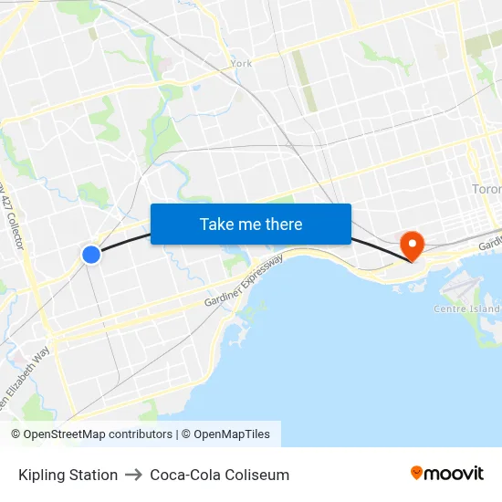 Kipling Station to Coca-Cola Coliseum map