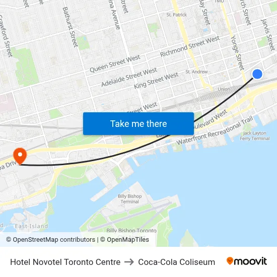 Hotel Novotel Toronto Centre to Coca-Cola Coliseum map