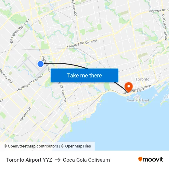 Toronto Airport YYZ to Coca-Cola Coliseum map