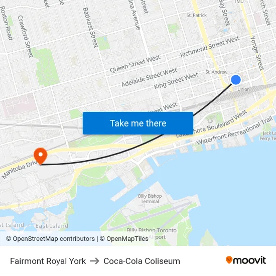Fairmont Royal York to Coca-Cola Coliseum map