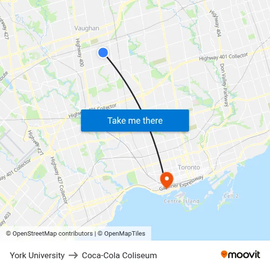 York University to Coca-Cola Coliseum map