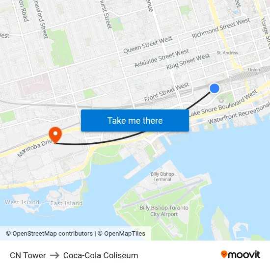 CN Tower to Coca-Cola Coliseum map