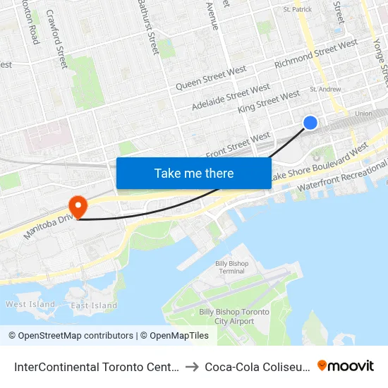 InterContinental Toronto Centre to Coca-Cola Coliseum map