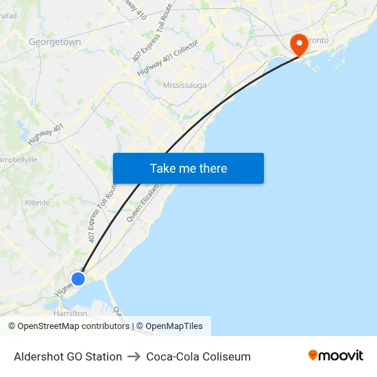 Aldershot GO Station to Coca-Cola Coliseum map