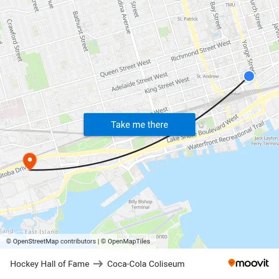 Hockey Hall of Fame to Coca-Cola Coliseum map