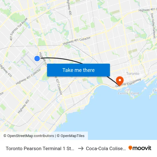 Toronto Pearson Terminal 1 Station to Coca-Cola Coliseum map