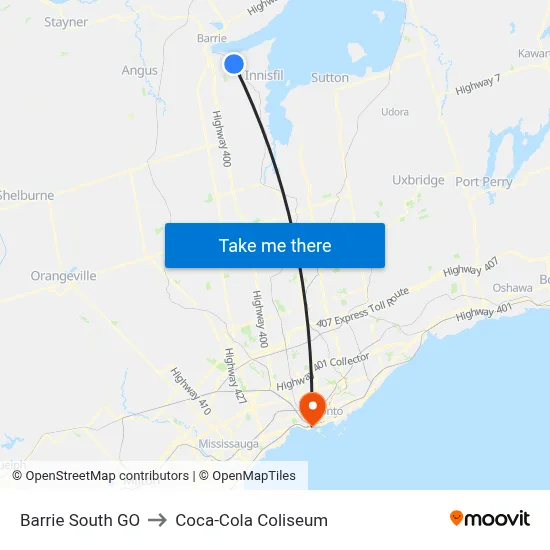 Barrie South GO to Coca-Cola Coliseum map