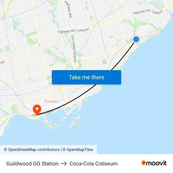 Guildwood GO Station to Coca-Cola Coliseum map