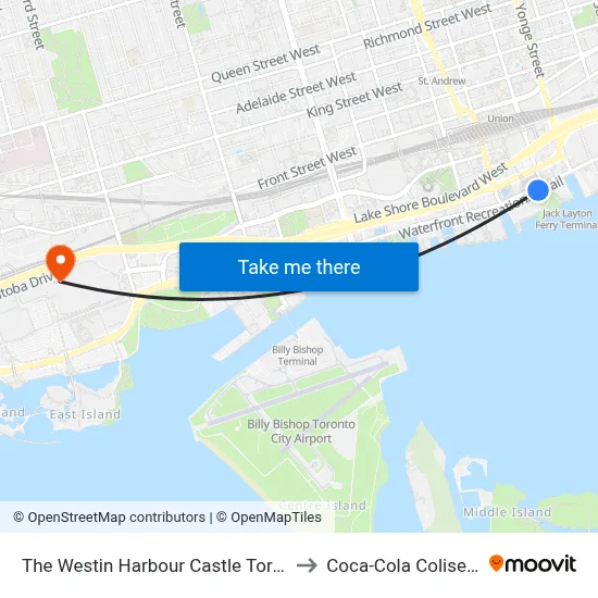 The Westin Harbour Castle Toronto to Coca-Cola Coliseum map
