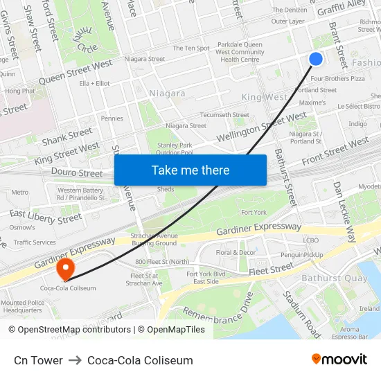 Cn Tower to Coca-Cola Coliseum map