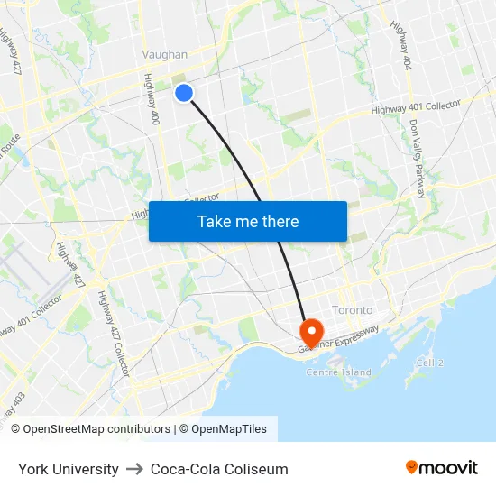 York University to Coca-Cola Coliseum map