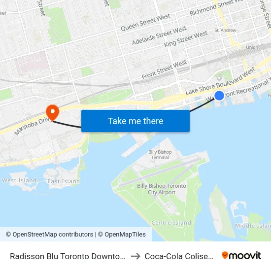 Radisson Blu Toronto Downtown to Coca-Cola Coliseum map
