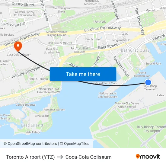 Toronto Airport (YTZ) to Coca-Cola Coliseum map