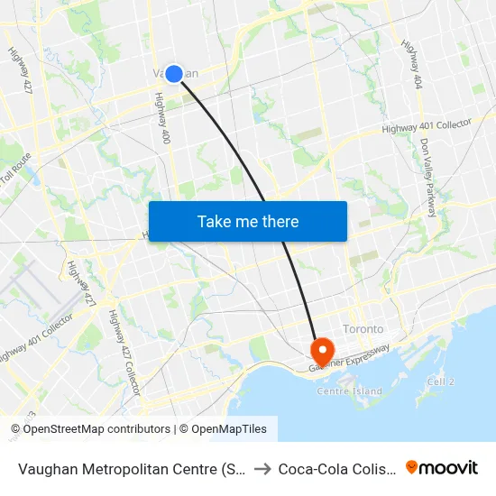 Vaughan Metropolitan Centre (Station) to Coca-Cola Coliseum map