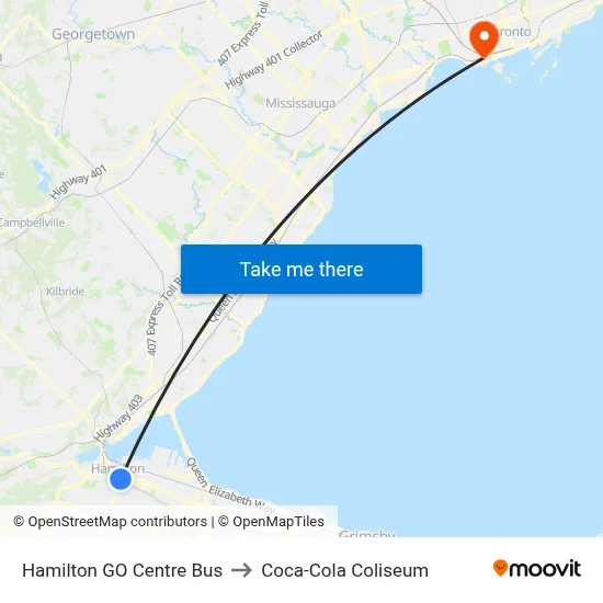 Hamilton GO Centre Bus to Coca-Cola Coliseum map