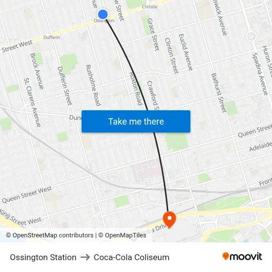Ossington Station to Coca-Cola Coliseum map