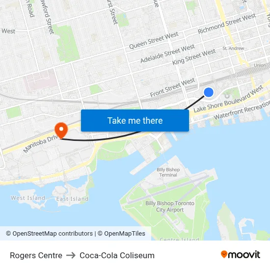 Rogers Centre to Coca-Cola Coliseum map