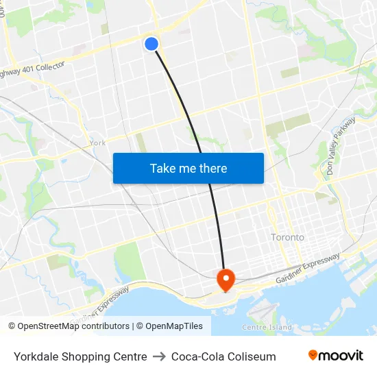 Yorkdale Shopping Centre to Coca-Cola Coliseum map