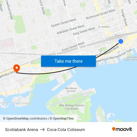 Scotiabank Arena to Coca-Cola Coliseum map