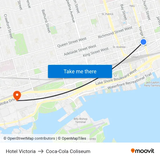 Hotel Victoria to Coca-Cola Coliseum map