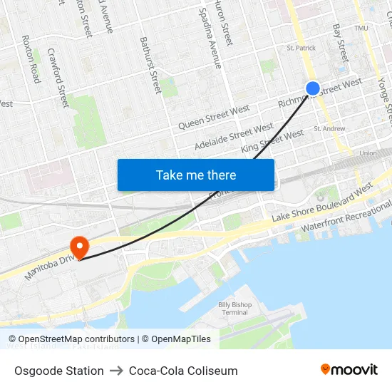 Osgoode Station to Coca-Cola Coliseum map