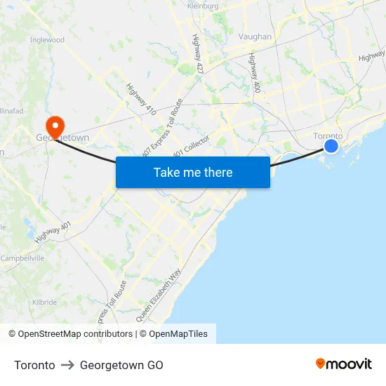 Toronto to Georgetown GO map