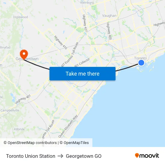 Toronto Union Station to Georgetown GO map