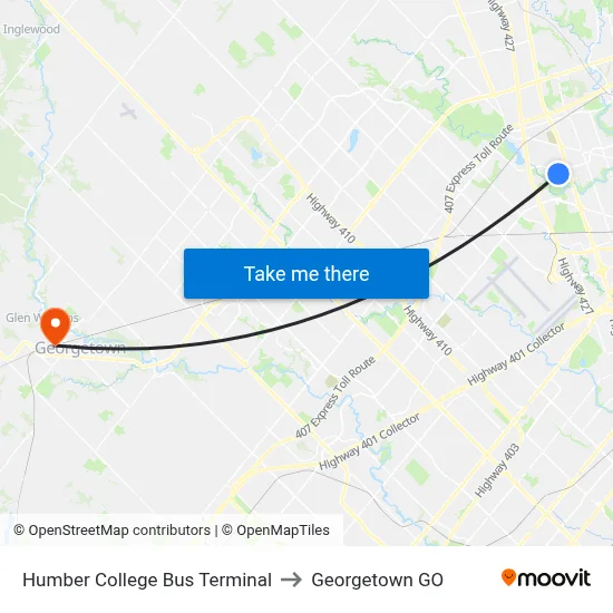 Humber College Bus Terminal to Georgetown GO map
