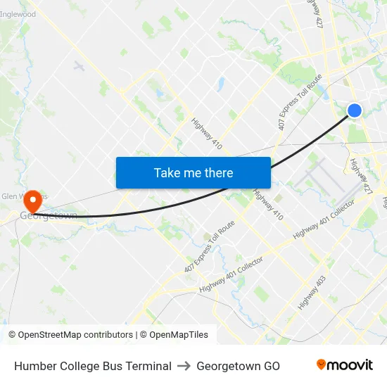 Humber College Bus Terminal to Georgetown GO map