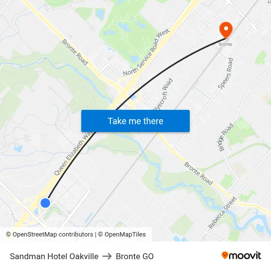 Sandman Hotel Oakville to Bronte GO map
