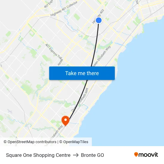 Square One Shopping Centre to Bronte GO map