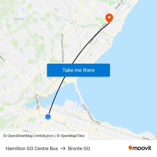 Hamilton GO Centre Bus to Bronte GO map