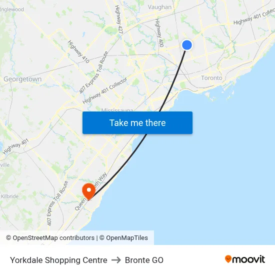 Yorkdale Shopping Centre to Bronte GO map