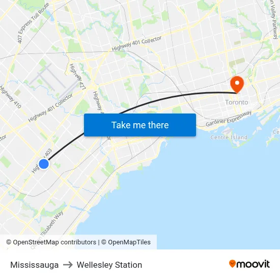 Mississauga to Wellesley Station map