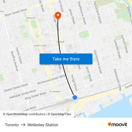 Toronto to Wellesley Station map