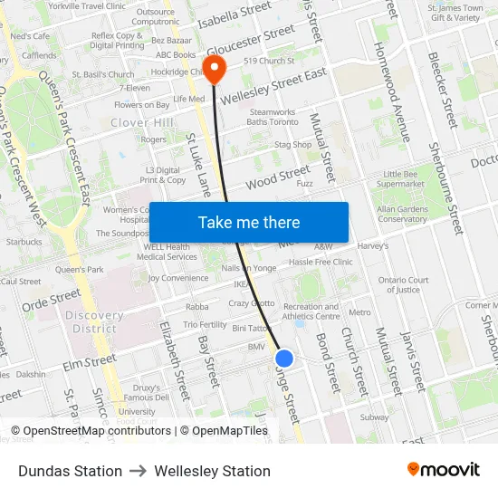 Dundas Station to Wellesley Station map