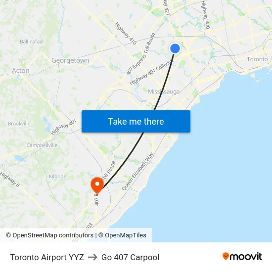 Toronto Airport YYZ to Go 407 Carpool map