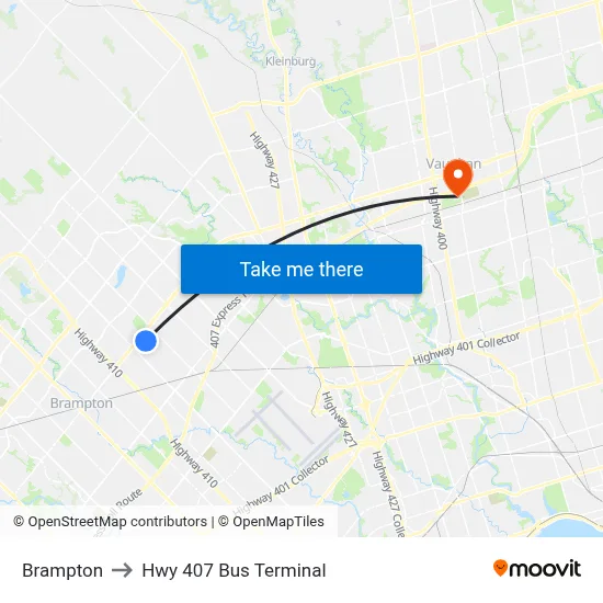Brampton to Hwy 407 Bus Terminal map