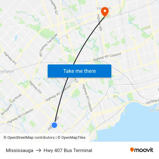 Mississauga to Hwy 407 Bus Terminal map