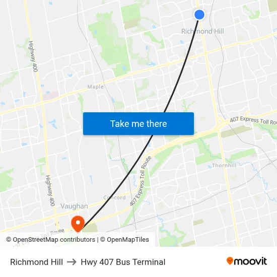 Richmond Hill to Hwy 407 Bus Terminal map